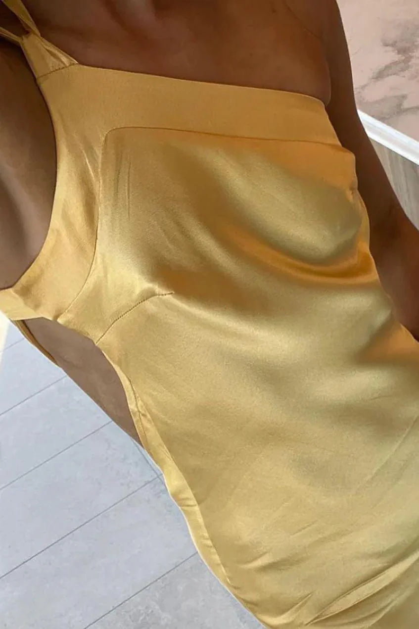 Vestido Weitese de un solo hombro, amarillo, de satén suave, ajustado, para fiesta, sin mangas, para graduación